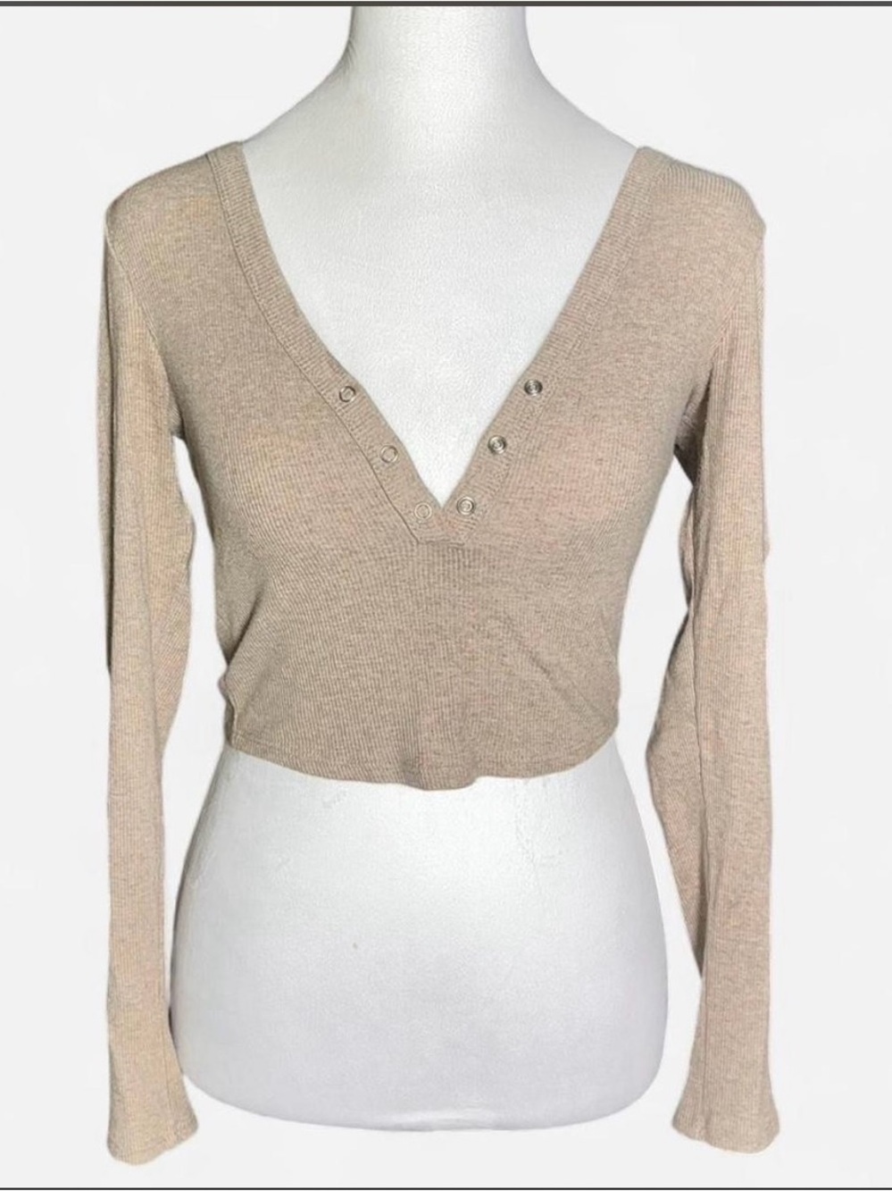 Long Sleeve V-Neck Crop Top in Beige